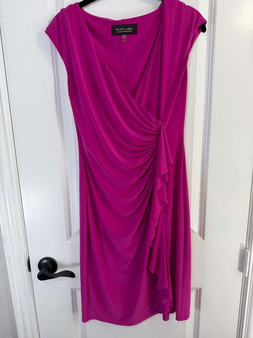 Black Label by Evan-Picone Magenta Pink Faux Wrap Ruffle Sheath Dress Size 4